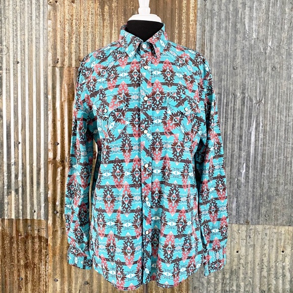 Rock & Roll Cowgirl Other - Men’s Rock & Roll Denim Modern Fit Aztec Design Pearl Snap Longsleeve Shirt